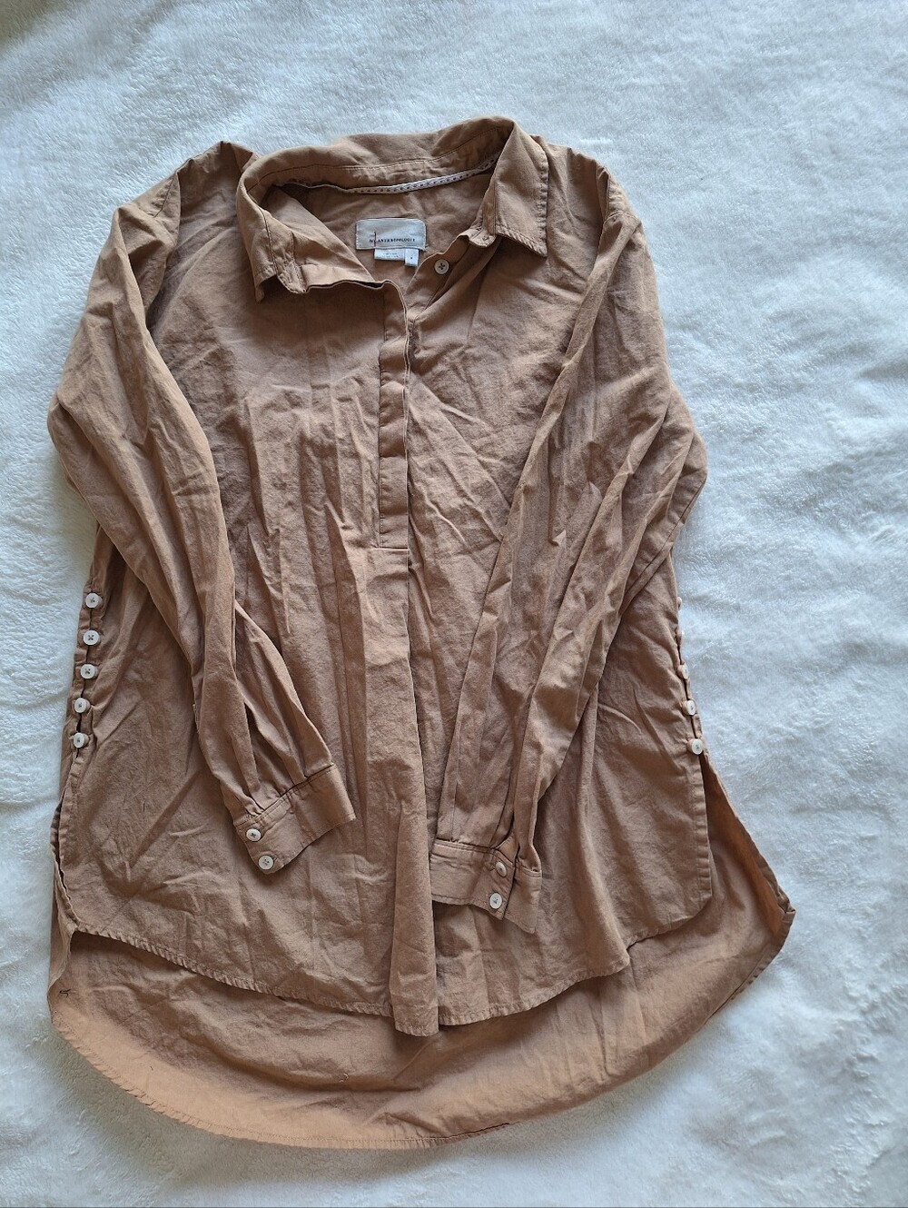 Anthropologie Charlie Side Button Tunic Shirt Brown Tan Sz S Cotton